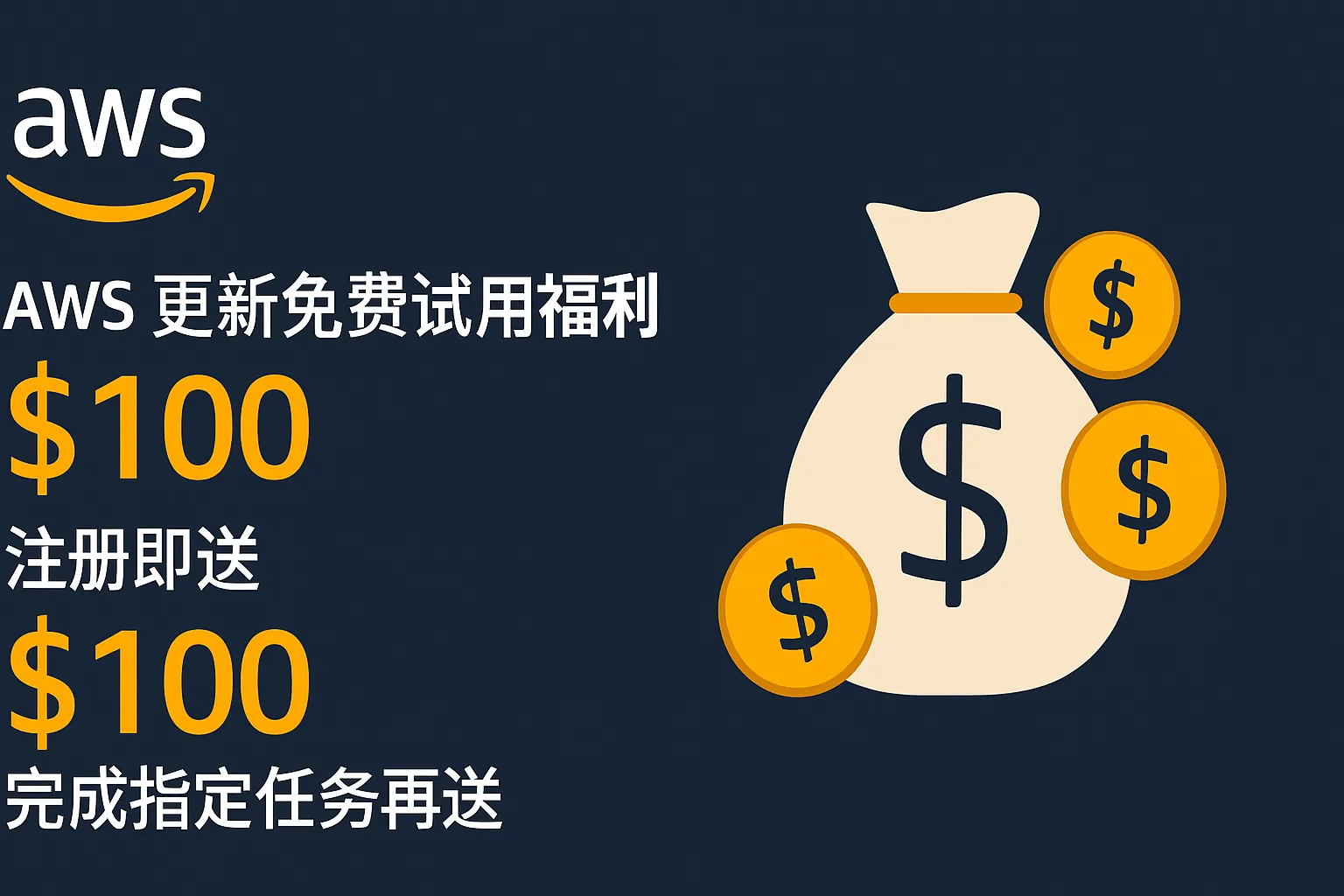 AWS 更新免费试用福利，注册即送$100，完成指定任务再送 $100